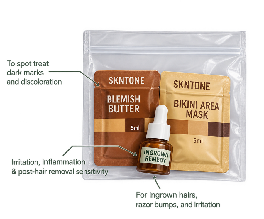 What's inside the Skntone Discovery Kit: Blemish Butter, Bikini Area Mask and Ingrown Remedy