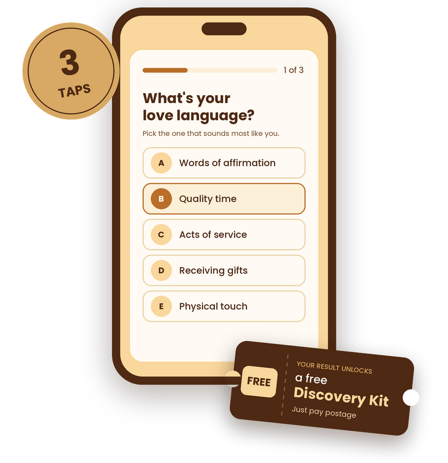 The Skntone love language quiz on a phone, with a ticket for a free Discovery Kit